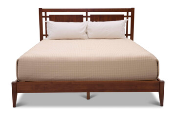 Wooden Modern double bed on isolated PNG Transparent background. Furniture for the modern interior, minimalist design. Cut out clipping path do with adobe photoshops pen tool. 