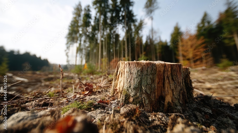 Poster tree stump symbolizing habitat loss due to illegal logging concept. tree stump in deforested area un