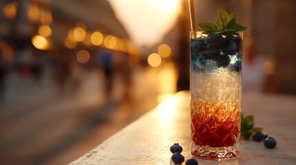 Tricolor cocktail with blueberries and mint in crystal glass, celebrating French National Day with festive elegance.