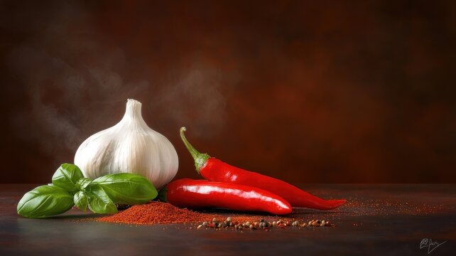 Spicy Still Life: Garlic, Chili Peppers, and Basil on Dark Surface garlic chili peppers basil spice