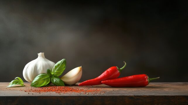 Culinary Still Life with Garlic, Basil, and Red Chili Peppers garlic basil red chili peppers fresh