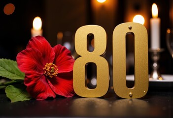 80th birthday celebration with gold number and red flower