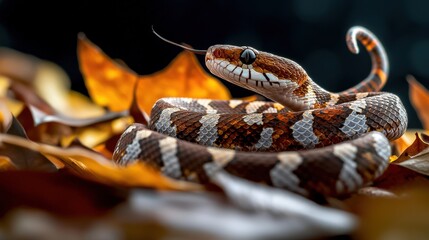 Fototapeta premium Malayan pit viper camouflaged in fallen leaves close-up wildlife photography in a tropical forest
