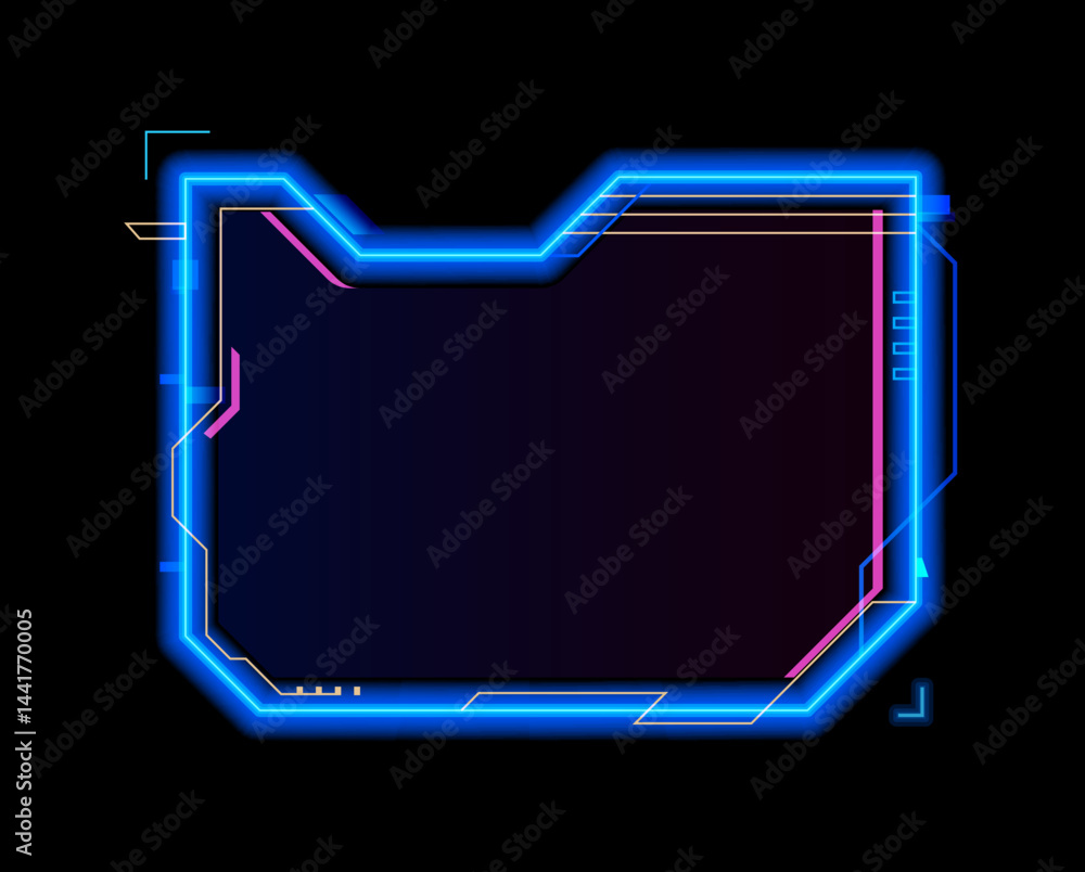Poster Neon game frame asset, HUD interface overlay template. Vector futuristic gaming border with glowing blue and pink edges. Digital cyberpunk interface for game streams, scifi or high tech user interface
