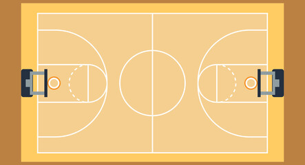 Flat design illustration of a basketball court viewed from the top, featuring clear markings, hoops, and vibrant court colors, emphasizing sport layout and game strategy on a solid background