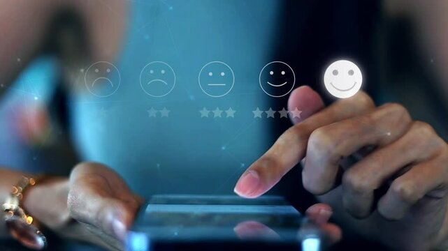 Woman gives five star review online. Excellent customer experience evaluation.