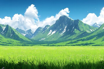 Fototapeta premium Lush green valley nestled among snow-capped mountain peaks.