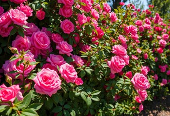 Lush rose bushes overflowing with vibrant blooms bask in sunlight, garden, outdoor