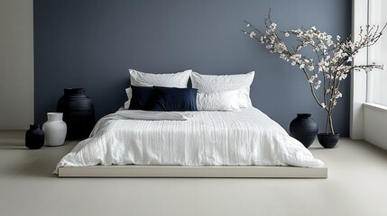 Minimalist bedroom design with platform bed and simple linens modern home interior photography relaxing atmosphere