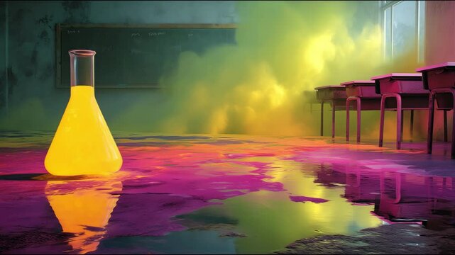 A glass beaker filled with glowing yellow liquid sits on a flooded classroom floor as neon pink fluid reflects intense yellow gas clouds near empty desks