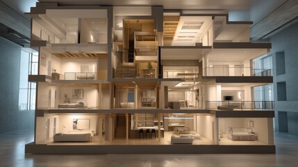 3d floor plan of a multi-level apartment. Floor Plan elevation. 3D design of home space. Apartment plan. Interior.