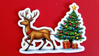 Fototapeta premium Sticker of a reindeer pulling a Christmas tree.