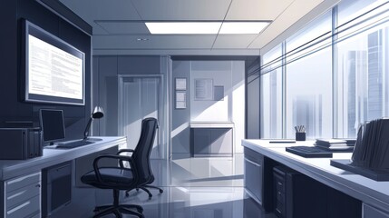 Interior view of a modern, minimalist office space.