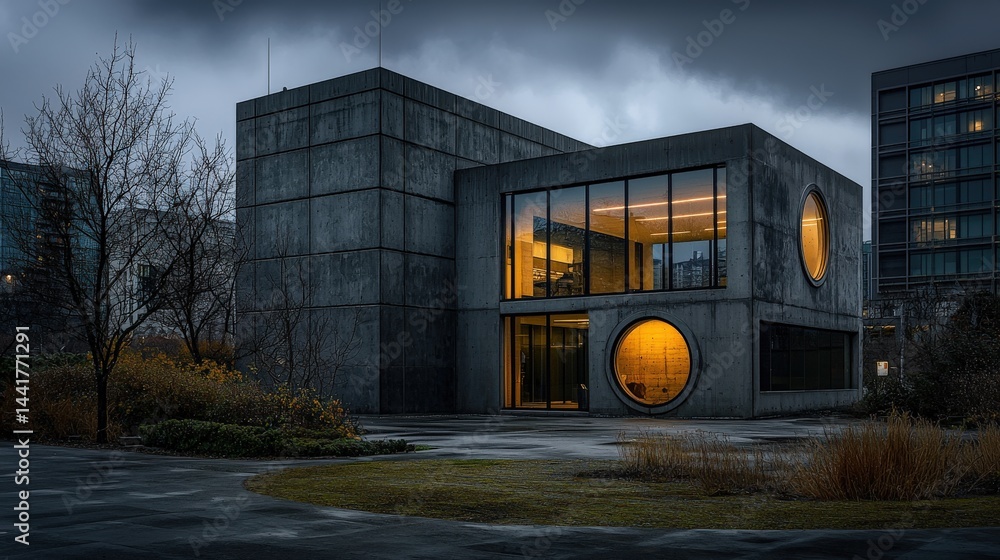 Fototapete captivating nighttime view of a modern minimalist structure with circular windows in an urban settin