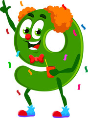 Cartoon math number and digit nine character birthday holiday celebration. Vector green 9 numeral personage in bow tie, as a joyful clown with red curly hair, holding a drink while celebrating party