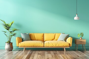 green mint wall with sofa & sideboard on wood floor-interior