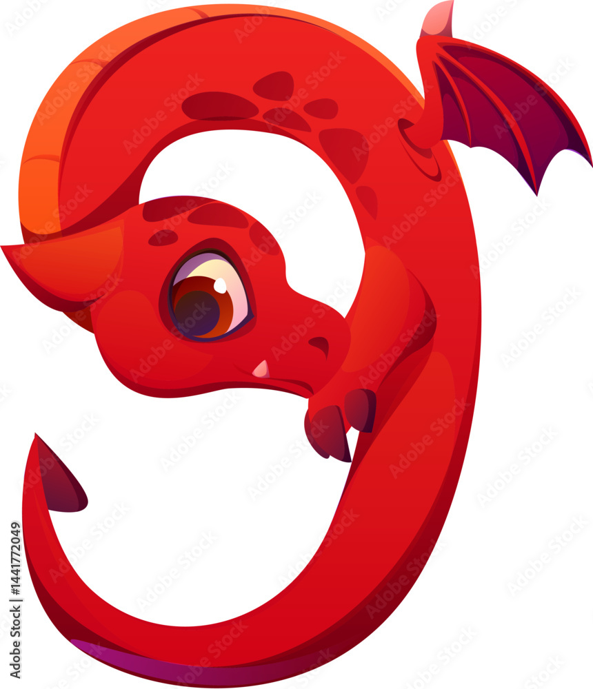 Fototapete fairy red dragon character font digit 9 nine. fairy reptile math font digit, red monster personage v