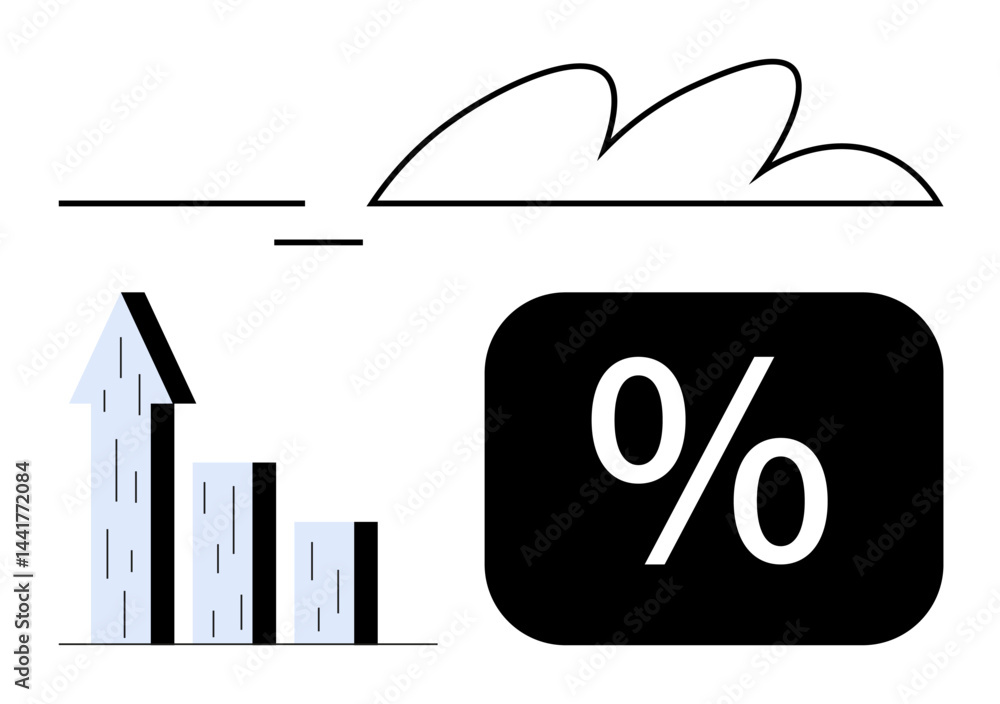Poster bar graph with rising arrow representing growth alongside percentage symbol under a stylized cloud. 