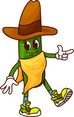 Groovy cucumber cowboy or Wild West bandit character, vector cartoon vegetable. Funny cucumber Western cowboy or Texas sheriff in sombrero hat with revolver gun finger gesture and happy smile on face
