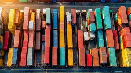 Stacked shipping containers in orderly rows at a bustling port, showcasing global logistics efficiency.