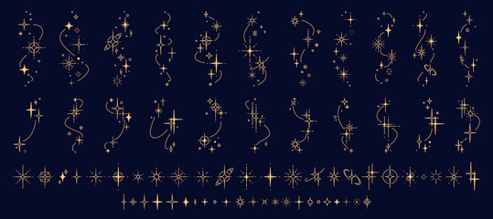 Star constellation sparkle and twinkles, starburst and flash stars, blink glitters vector set. Elegant golden star symbols and glimmers for astrology, celestial, magical, tarot cards and cosmic themes
