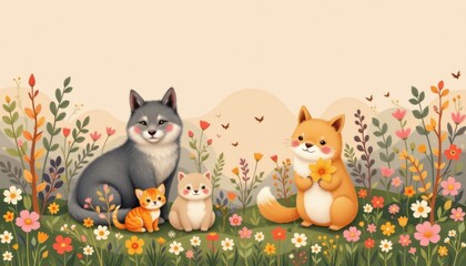 Naklejka premium Soft and gentle hues with endearing animal characters throughout.