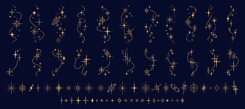 Star constellation sparkle and twinkles, starburst and flash stars, blink glitters vector set. Elegant golden star symbols and glimmers for astrology, celestial, magical, tarot cards and cosmic themes