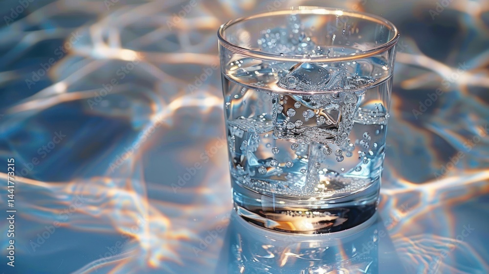 Poster close-up of a transparent glass filled with sparkling water and ice cubes, resting on a reflective s