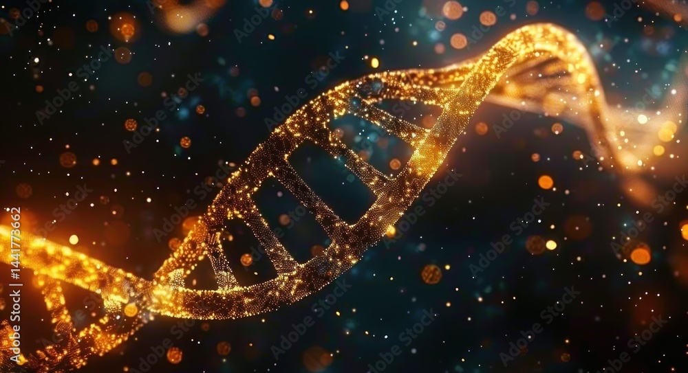 Poster glowing golden dna double helix structure suspended in dark space with sparkling particles creating 