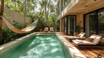 Serene poolside oasis with hammock and modern architecture for relaxation