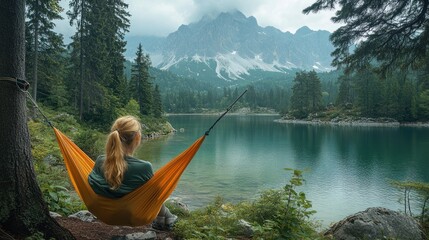 Woman Relaxing in Hammock Overlooking Serene Mountain Lake Landscape