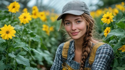 Young woman smiling amidst vibrant yellow flowers in a serene setting