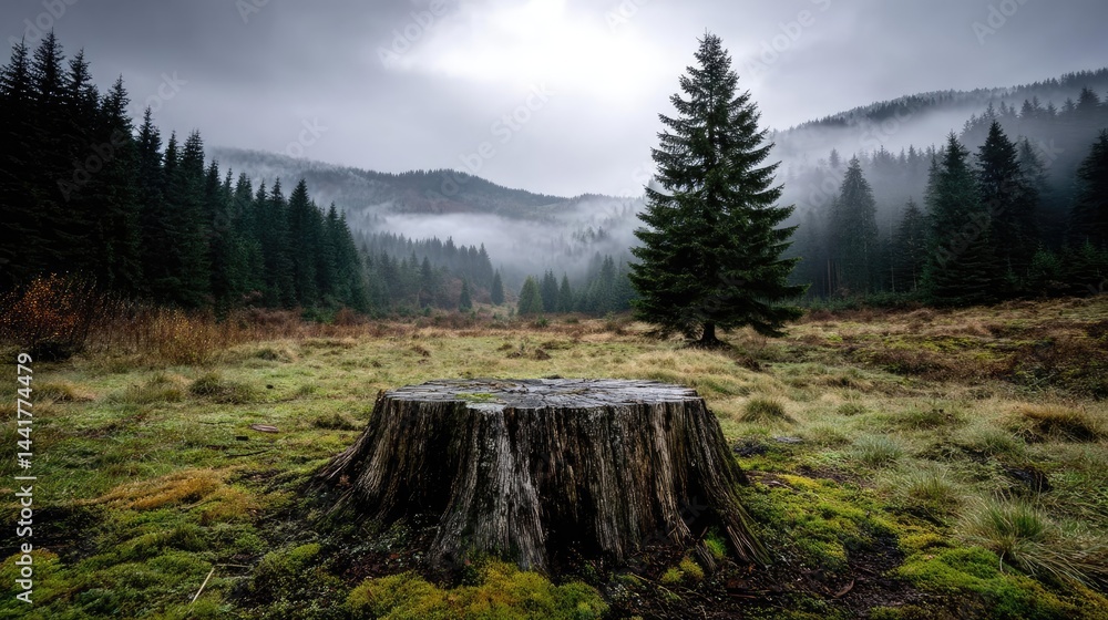 Poster tree stump symbolizing habitat loss due to illegal logging concept. a serene forest scene featuring 