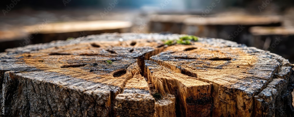 Poster tree stump symbolizing habitat loss due to illegal logging concept. detailed close-up of a tree stum