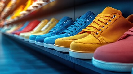 Vibrant Sneakers Collection Displayed on a Dark Shelf in a Modern Store