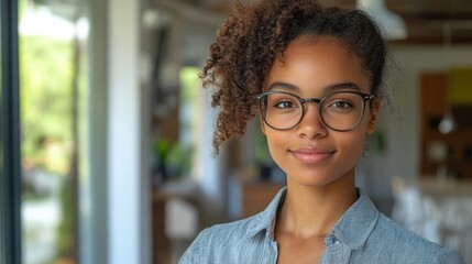 Portrait of a beautiful young woman with curly hair and wearing glasses