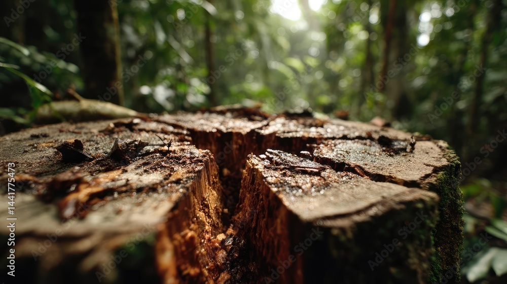 Poster tree stump symbolizing habitat loss due to illegal logging concept. close-up of a tree stump in a de