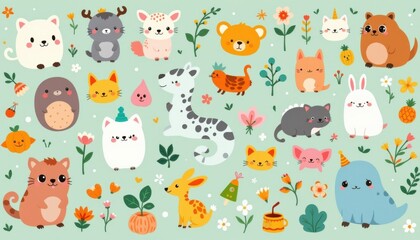 Adorable cartoon creatures in a seamless and whimsical layout.