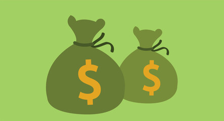 Flat design illustration of green bags filled with money, isolated against a clean background, symbolizing wealth, savings, and financial success in a minimalist and modern style.