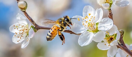 Honeybee Gathering Nectar from Blossoming White Flowers in a Springtime Garden
