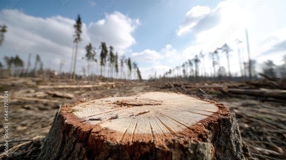 Poster tree stump symbolizing habitat loss due to illegal logging concept. close-up of a tree stump in a de