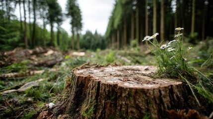 Obraz premium Tree stump symbolizing habitat loss due to illegal logging concept. A solitary flower grows on a tree stump in a deforested area.