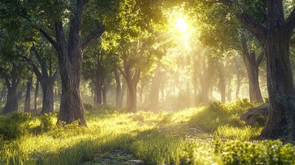 Obraz premium Serene summer forest sunlight green trees nature path day oak ray calm woods grass rural leaves