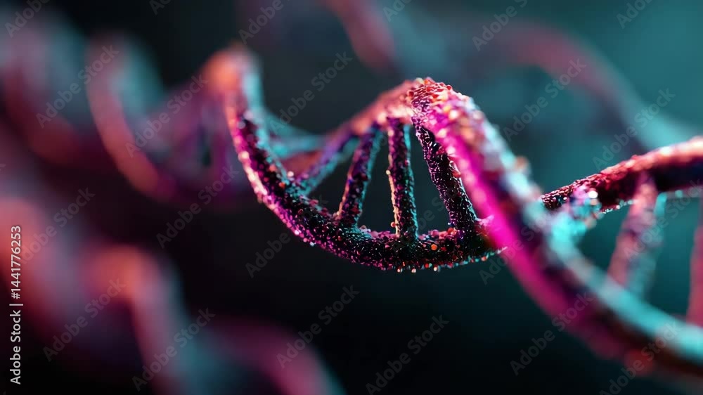 Poster a close-up, colorful digital rendering of a dna double helix structure with glowing particles.