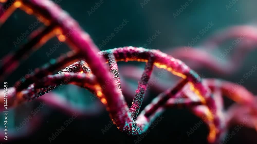 Poster a vibrant, close-up digital rendering of a dna double helix structure with glowing particles and col