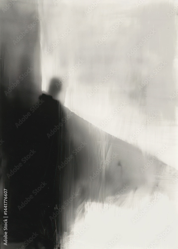 Poster silhouette of a person standing in a shadowy, abstract environment with blurred light and dark contr
