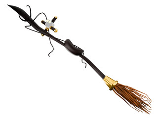 A sleek, modern broomstick featuring golden accents and intricate design. Its sharp bristles symbolize powerful magic and speed. Isolated on white background Clipping path.