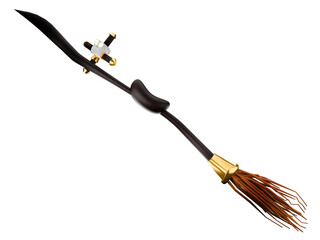 A sleek, modern broomstick featuring golden accents and intricate design. Its sharp bristles symbolize powerful magic and speed. Isolated on white background Clipping path.