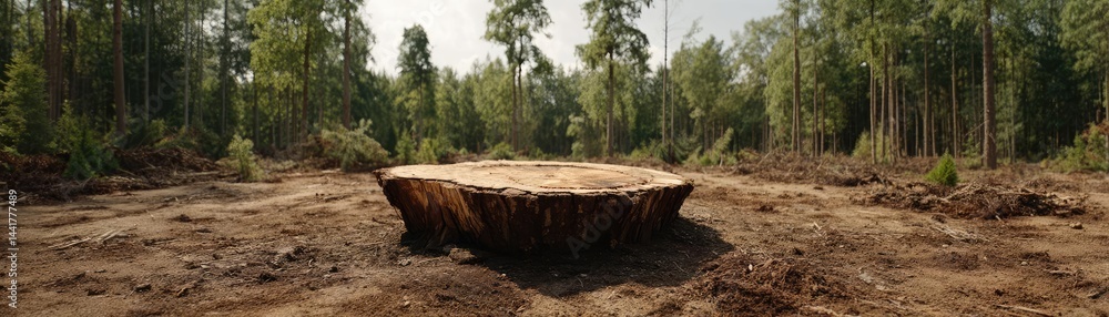 Poster tree stump symbolizing habitat loss due to illegal logging concept. a large tree stump in a deforest