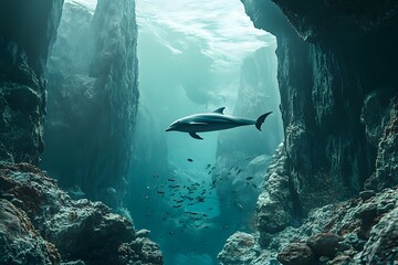 A dolphin swims through a narrow underwater canyon with a school of fish in the turquoise water